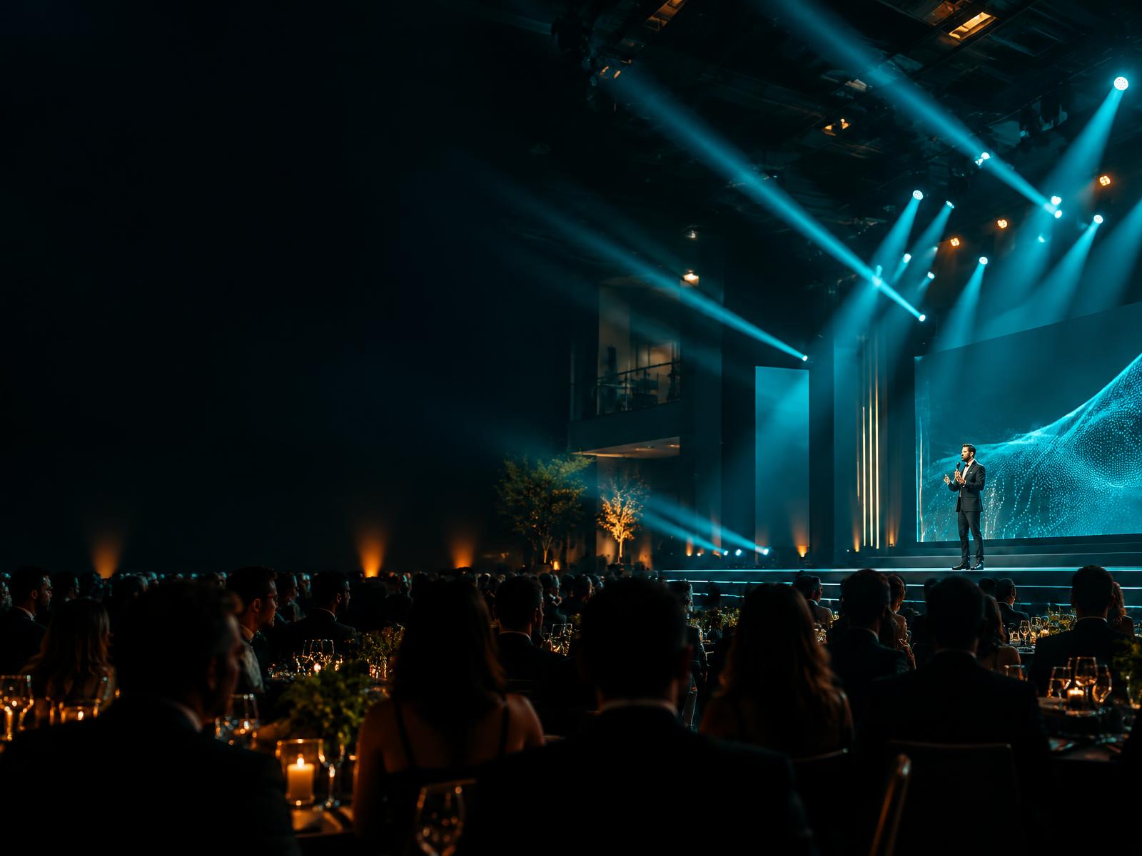 Evento corporativo produzido com iluminação cênica
